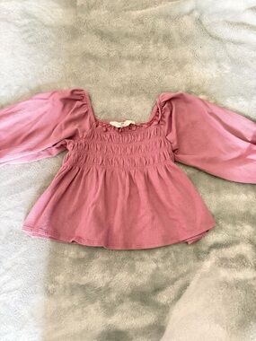 H&M Dusty Mauve Smocked Puff-Sleeve Top